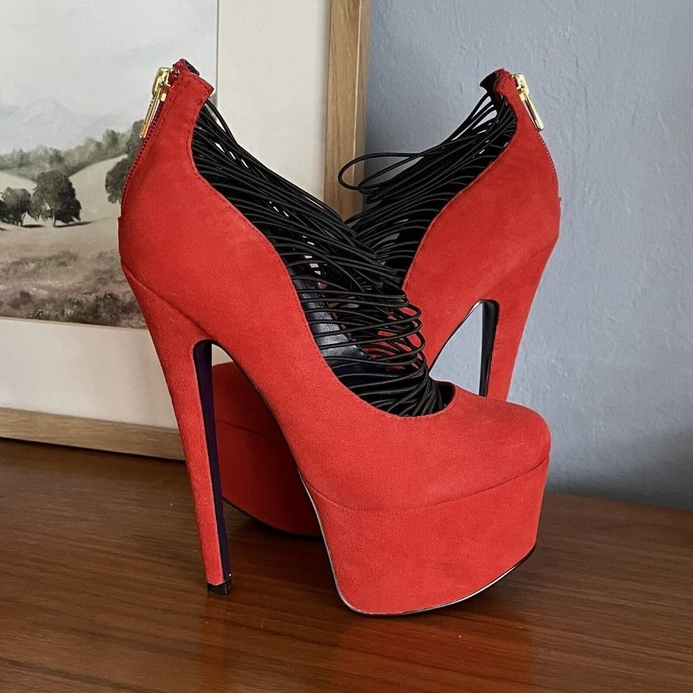 London Trash Ceres Red Suede Platform Stiletto Heels NEW